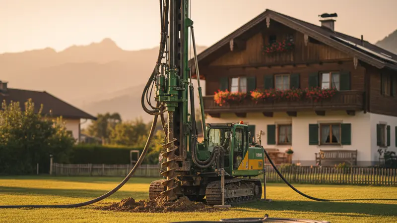 Erdsondenbohrung im Garten eines bayerischen Einfamilienhauses