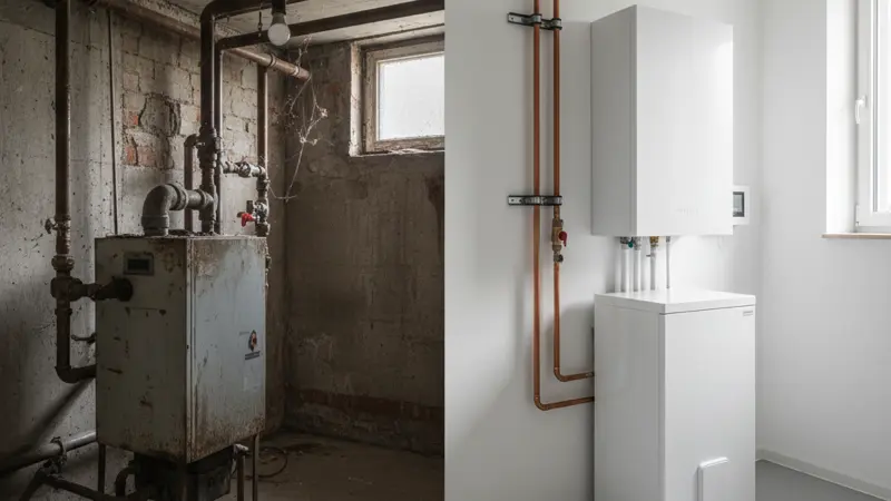 Vorher-Nachher-Vergleich: alte Gasheizung und moderne Wärmepumpe im Keller eines Stralsunder Altbaus