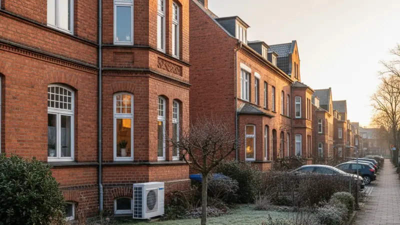 Moderne Luft-Wasser-Wärmepumpe im Vorgarten eines Altstralsunder Hauses in Kniepervorstadt mit rotem Klinker