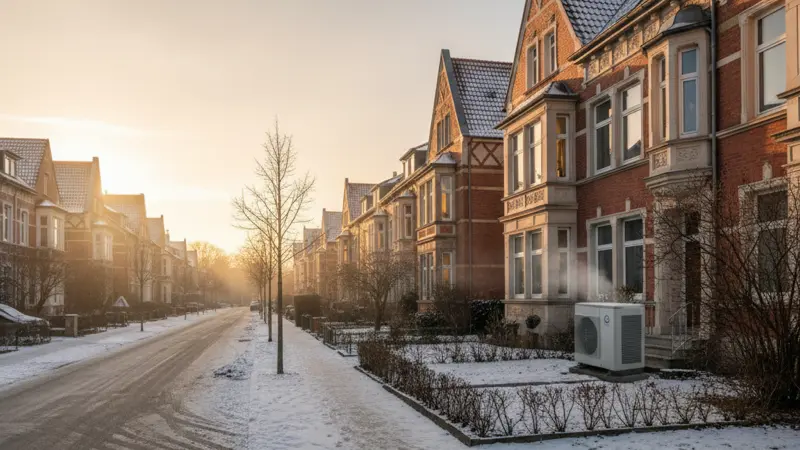 Winterszene in einem Stralsunder Vorort mit Altstralsunder Häusern und Wärmepumpe, Strelasund im Hintergrund