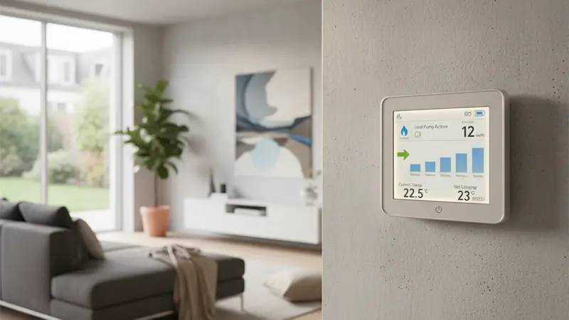 Smart-Home-Display mit Wärmepumpensteuerung in einem modernen Stralsunder Wohnzimmer