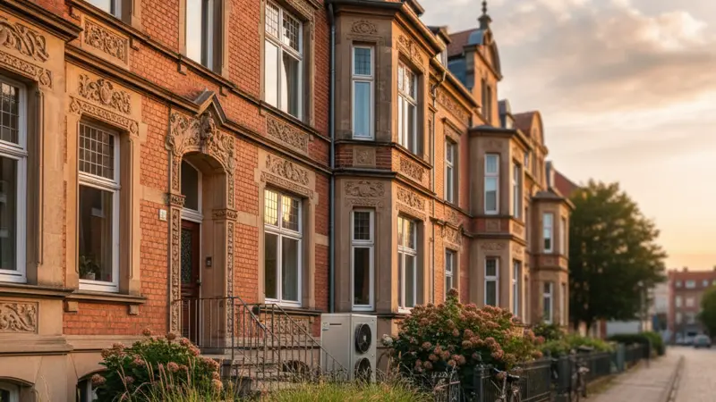 Typisches Altstralsunder Haus in Tribseer Vorstadt mit Erker und moderner Wärmepumpe im seitlichen Vorgarten
