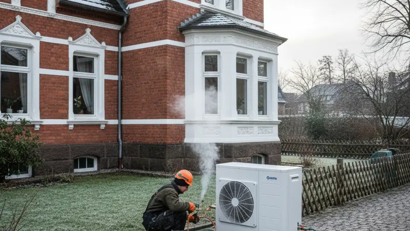 Fachinstallateur bei der Montage einer Wärmepumpe an einem Stralsunder Altstralsunder Haus mit Klinker-Fassade