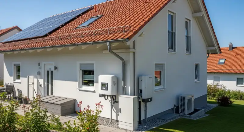 Modern German electrical meter cabinet (Zählerschrank) with smart meter and solar inverter connection, clean technical installation