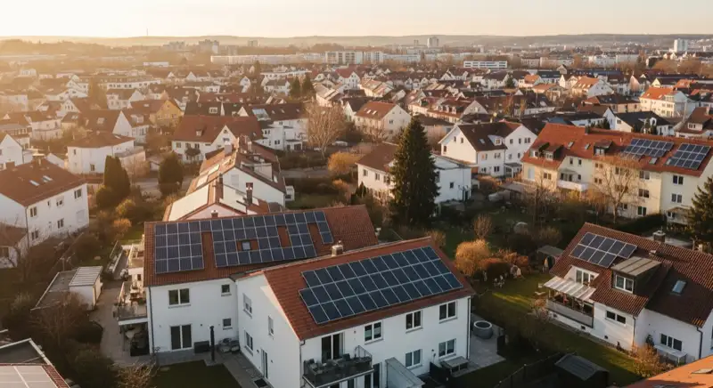 Aerial drone view of typical German residential neighborhood with mixed roof types, red and dark roof tiles, gardens visible, sunny day