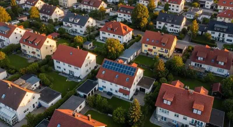 Aerial drone view of typical German residential neighborhood with mixed roof types, red and dark roof tiles, gardens visible, sunny day