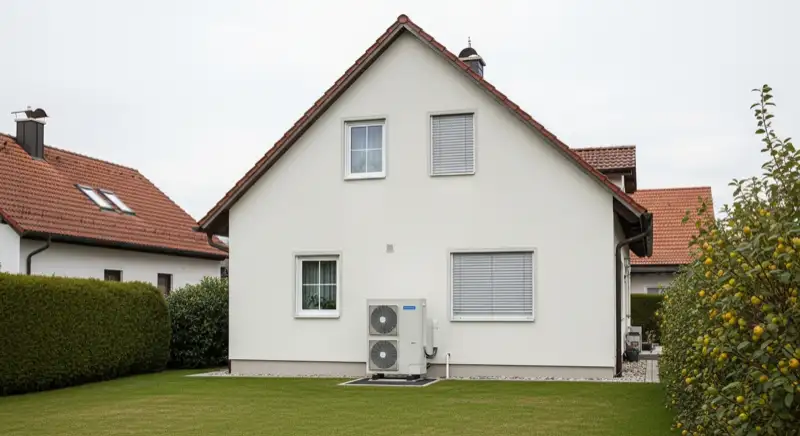 Luftwärmepumpen-Außeneinheit vor typischem Straubinger Einfamilienhaus mit Satteldach
