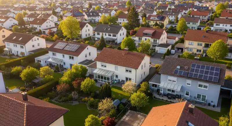 Aerial drone view of typical German residential neighborhood with mixed roof types, red and dark roof tiles, gardens visible, sunny day