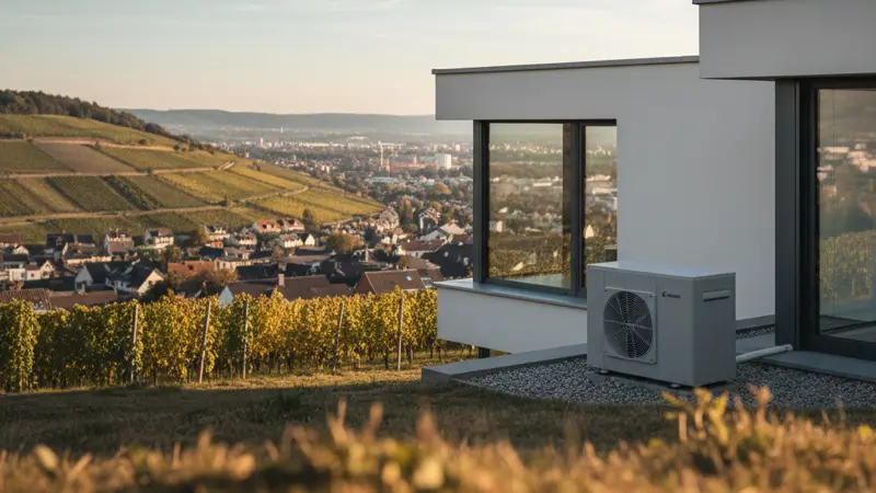 Moderne Luft-Wärmepumpe vor einem Stuttgarter Einfamilienhaus mit Weinbergen im Hintergrund
