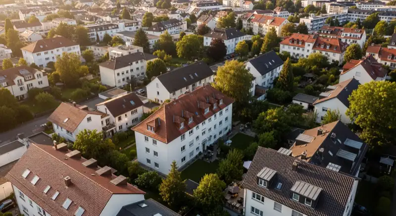 Aerial drone view of typical German residential neighborhood with mixed roof types, red and dark roof tiles, gardens visible, sunny day
