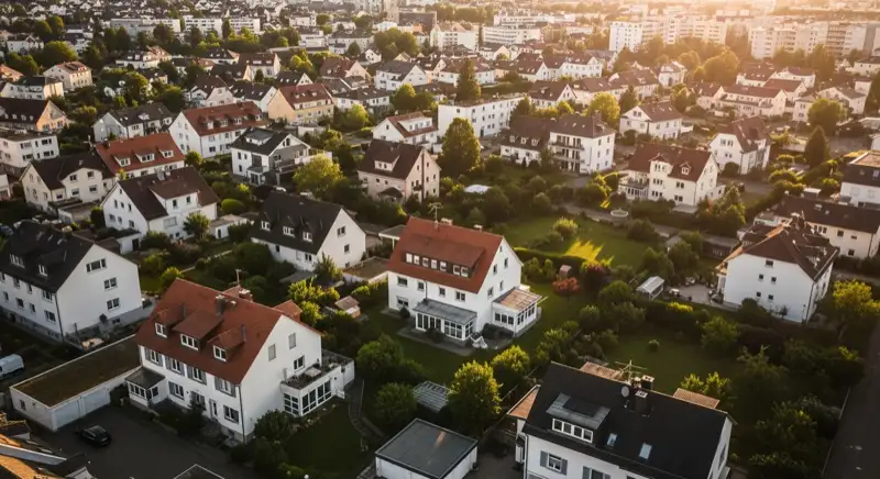Aerial drone view of typical German residential neighborhood with mixed roof types, red and dark roof tiles, gardens visible, sunny day