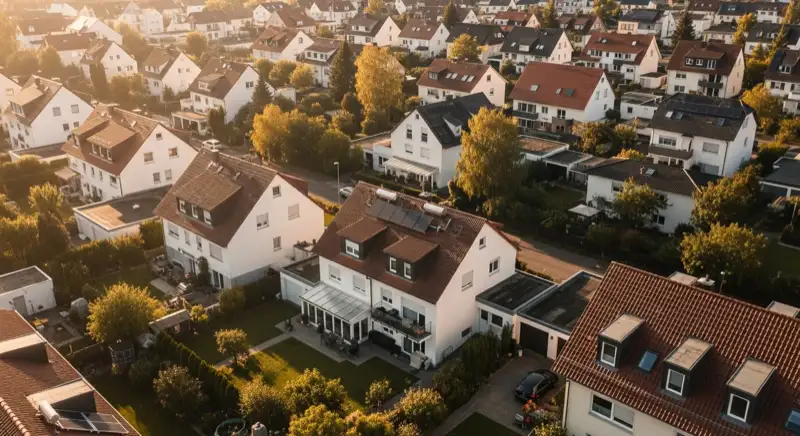 Aerial drone view of typical German residential neighborhood with mixed roof types, red and dark roof tiles, gardens visible, sunny day