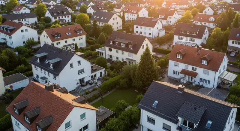 Aerial drone view of typical German residential neighborhood with mixed roof types, red and dark roof tiles, gardens visible, sunny day
