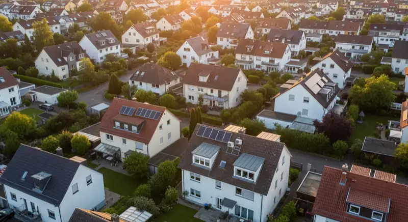 Aerial drone view of typical German residential neighborhood with mixed roof types, red and dark roof tiles, gardens visible, sunny day