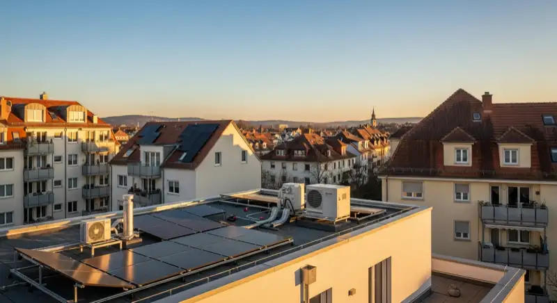 Moderne Luft-Wasser-Wärmepumpe vor typischer Stuttgarter Hanglage-Architektur mit Blick ins Neckartal