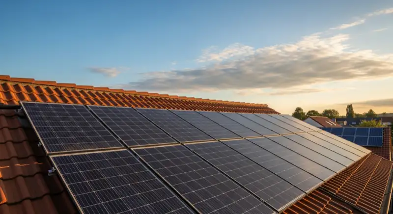 Close-up of photovoltaic solar panels installed on a traditional German Satteldach (gabled roof), blue sky with some clouds