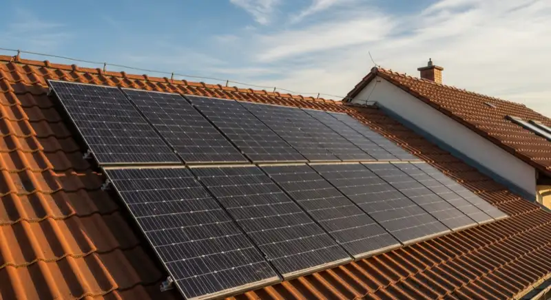Close-up of photovoltaic solar panels installed on a traditional German Satteldach (gabled roof), blue sky with some clouds