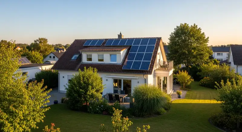 German detached house (Einfamilienhaus) with photovoltaic panels on pitched roof, well-maintained garden, warm afternoon sunlight