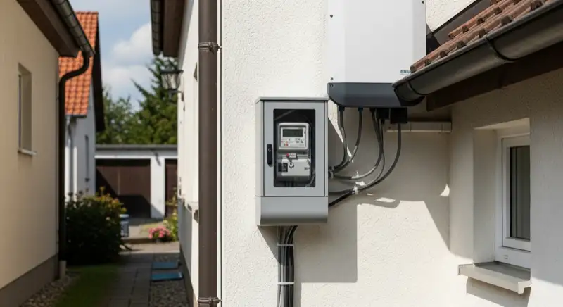 Modern German electrical meter cabinet (Zählerschrank) with smart meter and solar inverter connection, clean technical installation