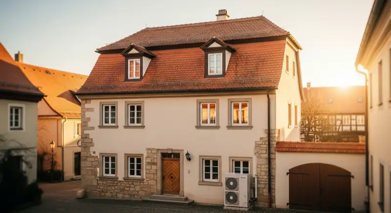 Altstadthaus in Torgau mit unauffälliger Wärmepumpen-Haustechnik im Hof