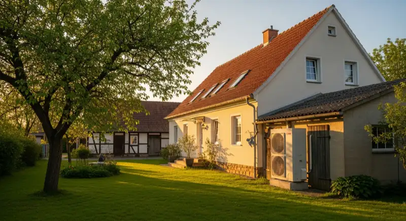 Ländliches Wohnhaus bei Torgau mit Wärmepumpen-Außeneinheit neben einem Nebengebäude