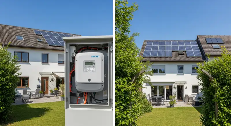 Einfamilienhaus mit Wärmepumpe im Vorgarten in einem Trierer Wohngebiet mit typischer Backstein-Architektur
