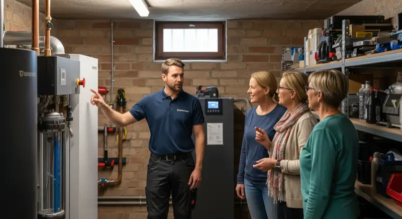 Smart-Home-Display mit Wärmepumpensteuerung in einem modernen Trierer Wohnzimmer