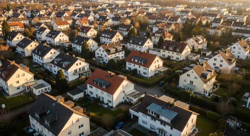 Wohngebiete in Ulm mit verschiedenen Bauformen, typische Einfamilienhäuser und Dachstrukturen aus der Luft