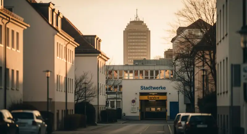 Blick auf das Stadtwerke-Gebäude in Ulm mit Service-Eingang, lokale Versorgeratmosphäre