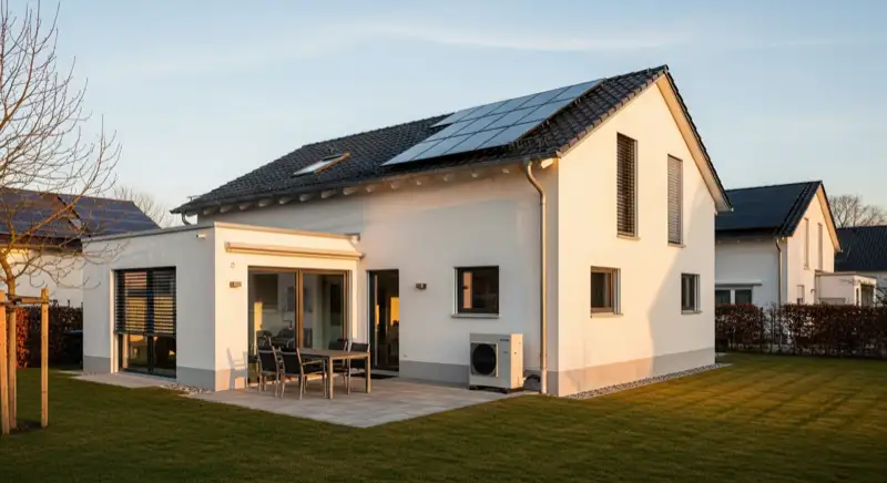 Einfamilienhaus in Ulm-Eselsberg mit Photovoltaikanlage auf dem Dach und Wärmepumpen-Außeneinheit im Garten