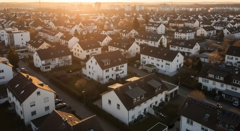 Wohngebiete in Ulm mit verschiedenen Bauformen, typische Einfamilienhäuser und Dachstrukturen aus der Luft