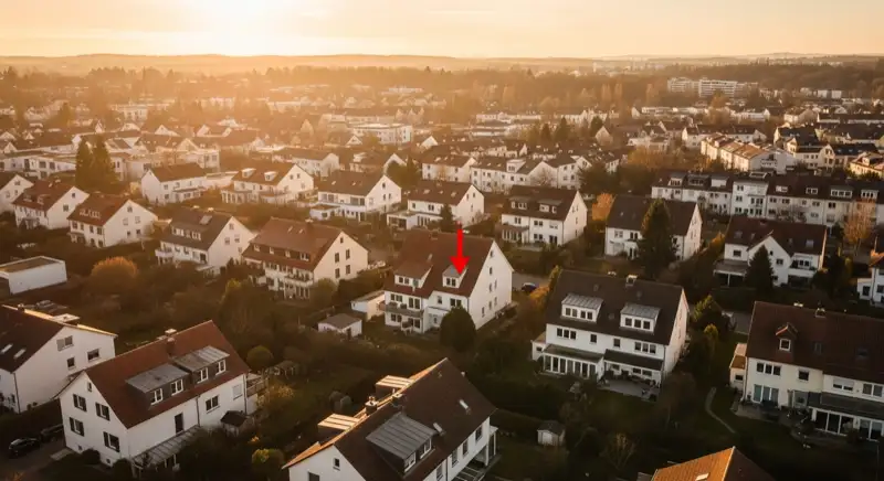 Wohngebiete in Ulm mit verschiedenen Bauformen, typische Einfamilienhäuser und Dachstrukturen aus der Luft