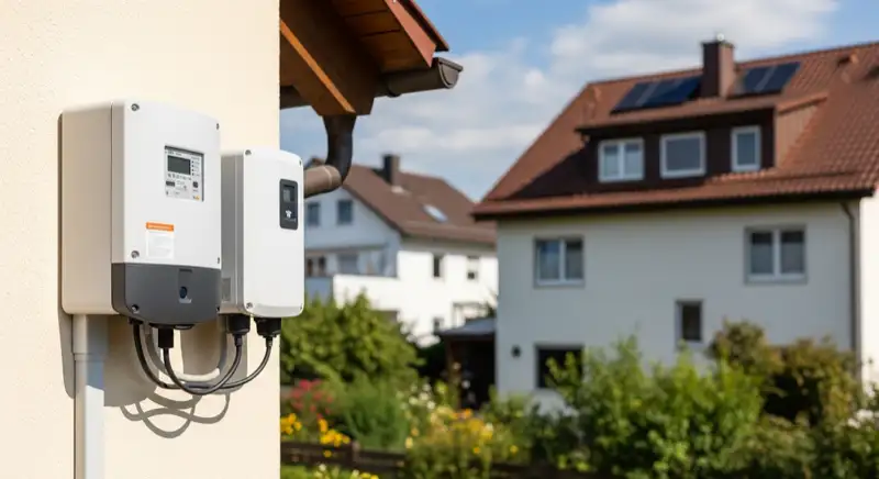 Modern German electrical meter cabinet (Zählerschrank) with smart meter and solar inverter connection, clean technical installation