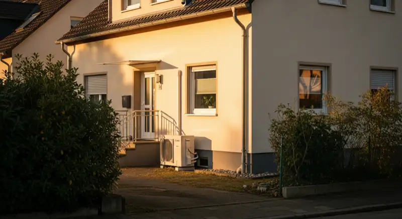 Typisches Einfamilienhaus in Völklingen mit Wärmepumpen-Außeneinheit im Hof