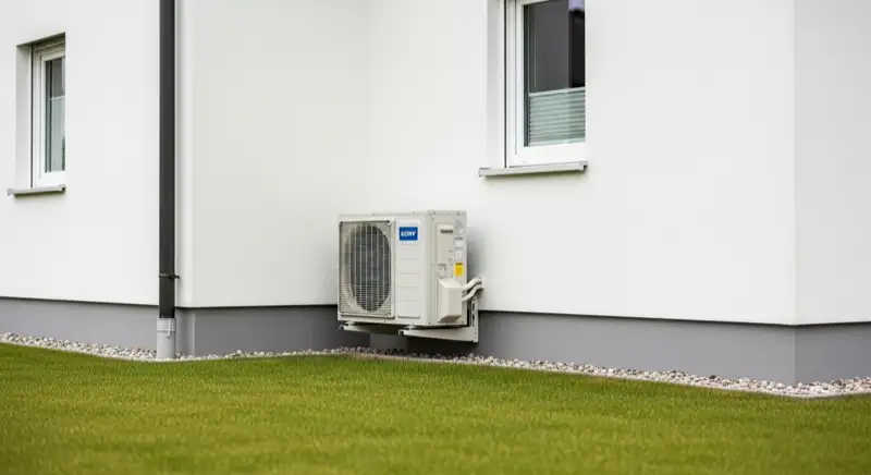 Wärmepumpen-Außeneinheit an einer Hauswand in Völklingen mit freiem Abstand zur Nachbarseite