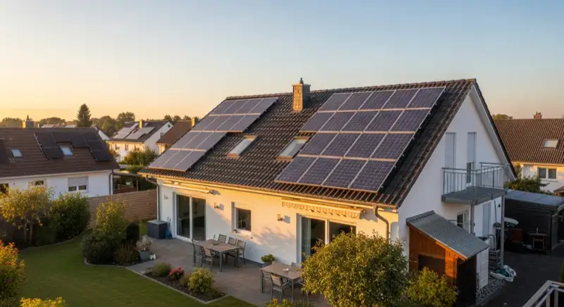 German detached house (Einfamilienhaus) with photovoltaic panels on pitched roof, well-maintained garden, warm afternoon sunlight