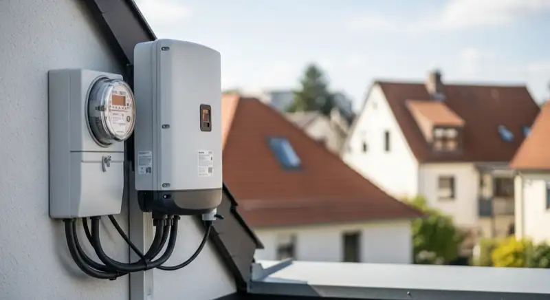 Modern German electrical meter cabinet (Zählerschrank) with smart meter and solar inverter connection, clean technical installation