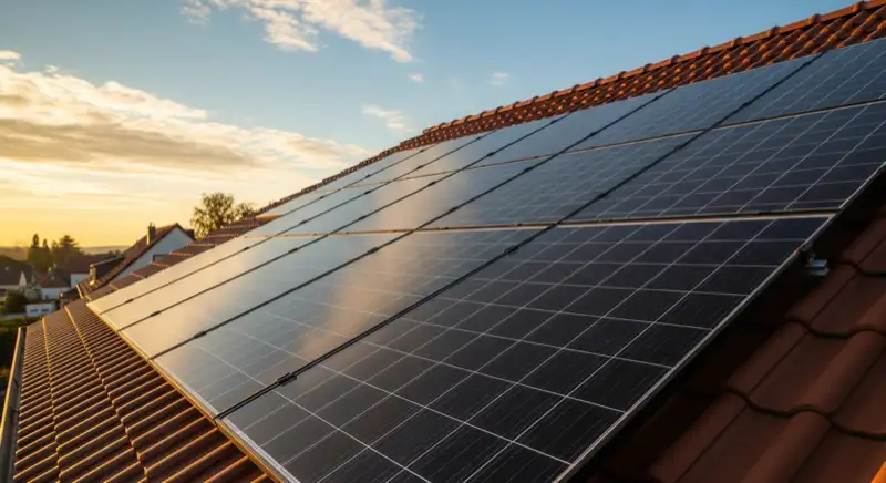 Close-up of photovoltaic solar panels installed on a traditional German Satteldach (gabled roof), blue sky with some clouds