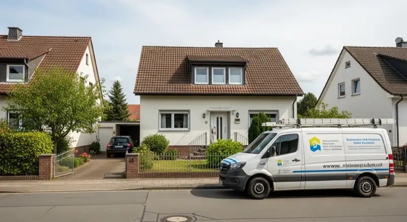 Installateurfahrzeug vor einem Einfamilienhaus in einem Warsteiner Sauerland-Ortsteil