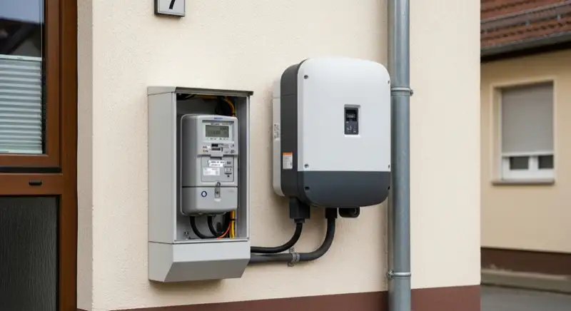 Modern German electrical meter cabinet (Zählerschrank) with smart meter and solar inverter connection, clean technical installation