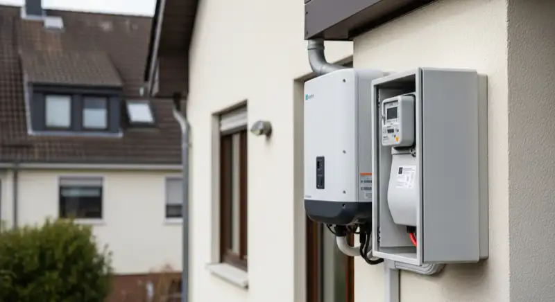 Modern German electrical meter cabinet (Zählerschrank) with smart meter and solar inverter connection, clean technical installation