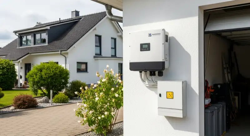 Modern solar inverter mounted on garage wall next to electrical panel, clean professional installation, natural daylight