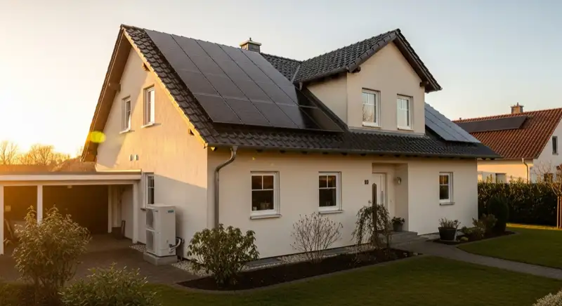 Einfamilienhaus in Warstein mit Photovoltaikanlage auf dem Dach und Wärmepumpen-Außengerät