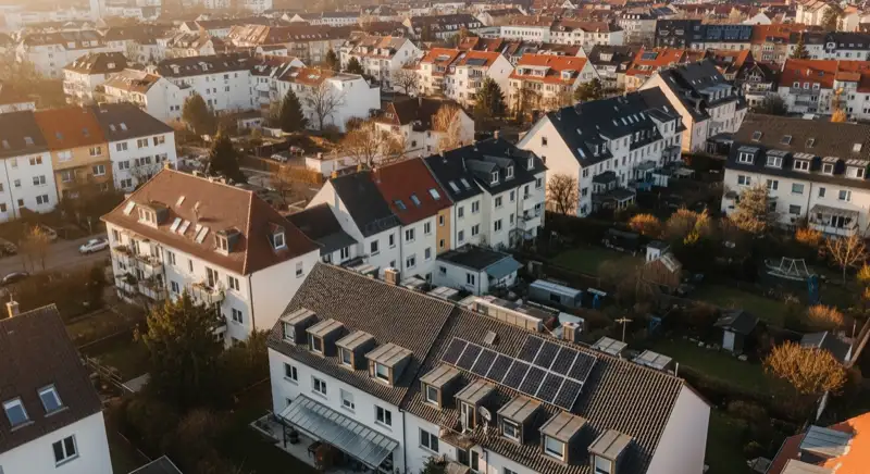 Aerial drone view of typical German residential neighborhood with mixed roof types, red and dark roof tiles, gardens visible, sunny day