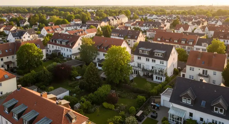 Aerial drone view of typical German residential neighborhood with mixed roof types, red and dark roof tiles, gardens visible, sunny day