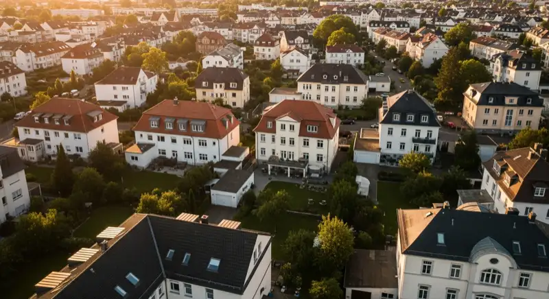 Aerial drone view of typical German residential neighborhood with mixed roof types, red and dark roof tiles, gardens visible, sunny day