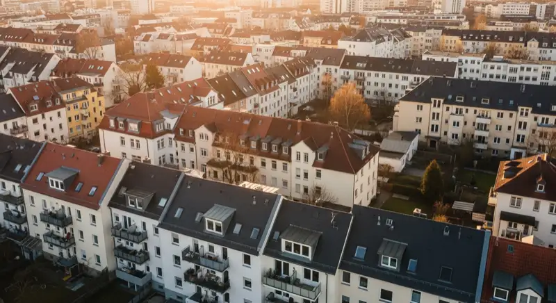 Aerial drone view of typical German residential neighborhood with mixed roof types, red and dark roof tiles, gardens visible, sunny day