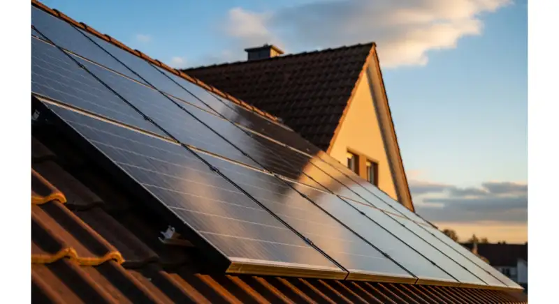 Close-up of photovoltaic solar panels installed on a traditional German Satteldach (gabled roof), blue sky with some clouds