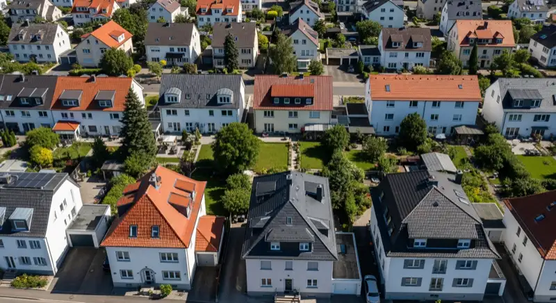 Aerial drone view of typical German residential neighborhood with mixed roof types, red and dark roof tiles, gardens visible, sunny day