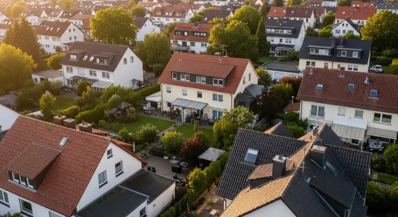Aerial drone view of typical German residential neighborhood with mixed roof types, red and dark roof tiles, gardens visible, sunny day